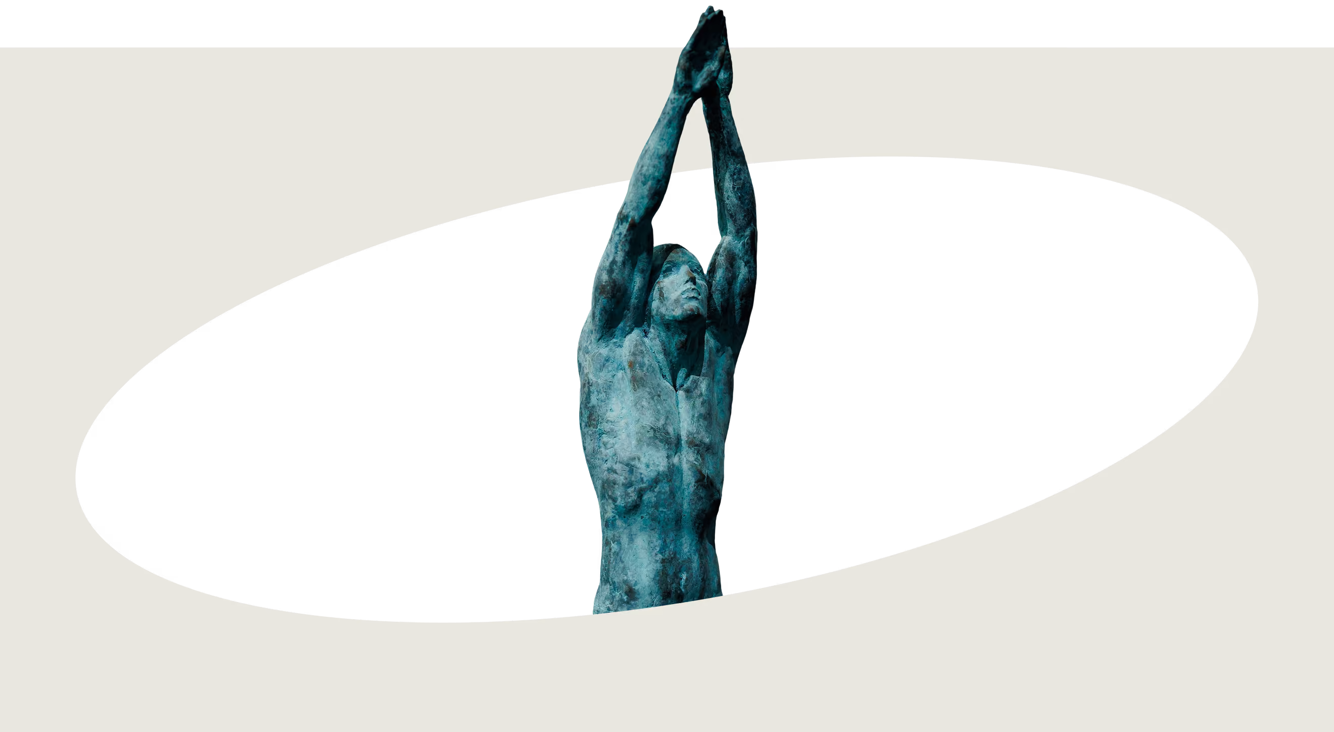 Greenish statue of a muscular man with hands joined and raised against a black oval background.