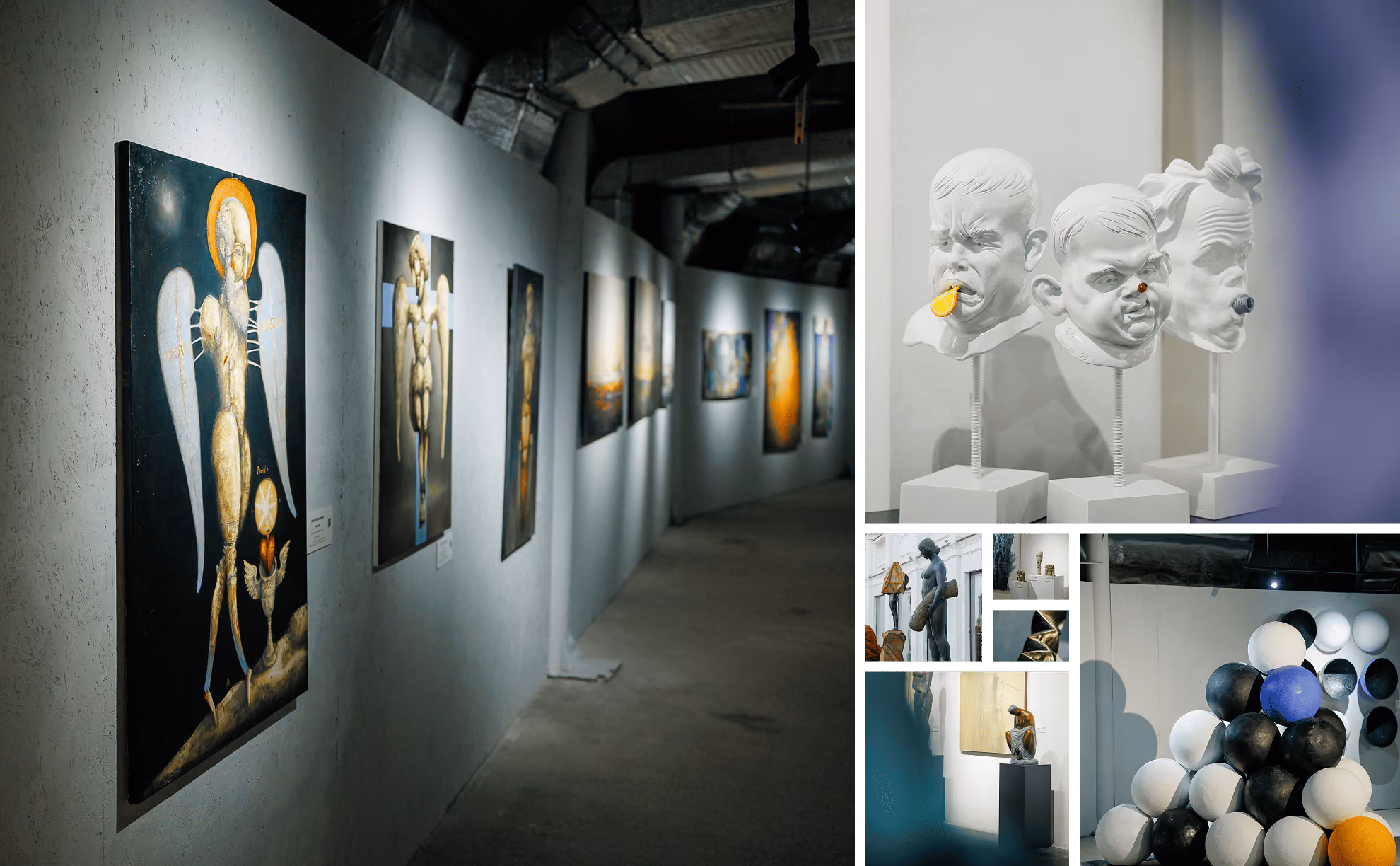 Gallery wall with surreal winged figure paintings and sculptures, including three white heads with colorful noses.