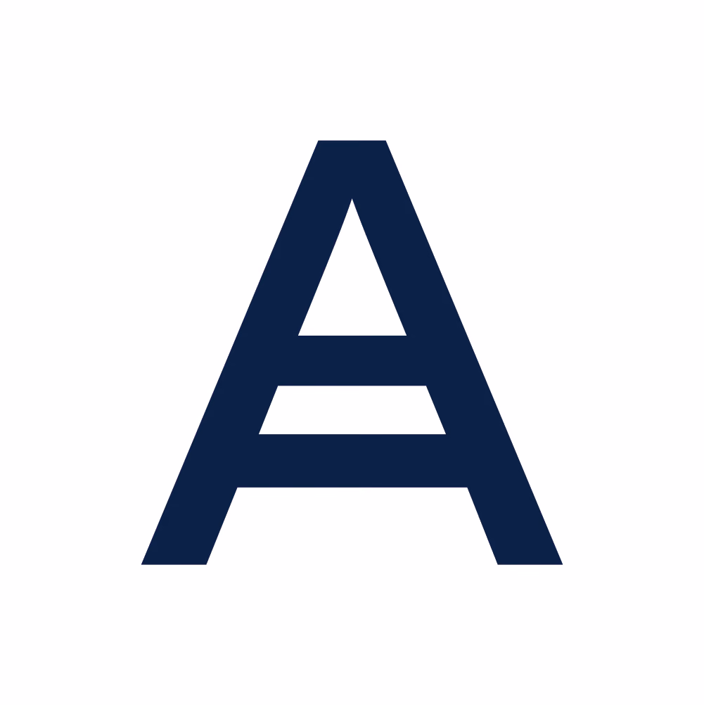 Modrý symbol písmena A na bílém pozadí.