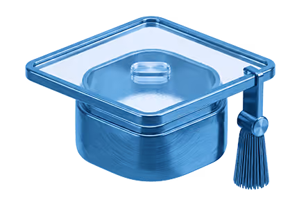 Modern blue graduation cap made of transparent and solid materials with a tassel.