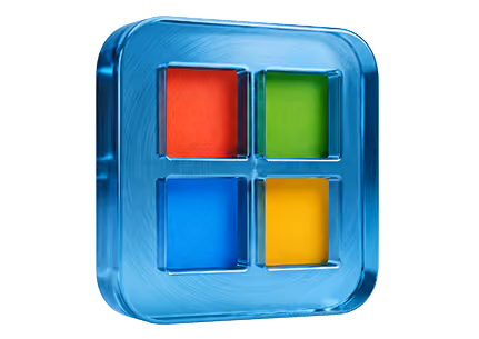 Čtyřbarevné čtverce Microsoftu v modrém průhledném 3D rámečku.