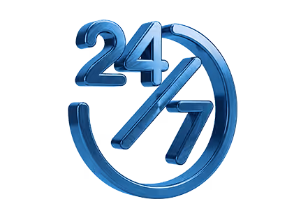 Modrý 3D symbol označující nepřetržitý provoz 24 hodin denně, 7 dní v týdnu.