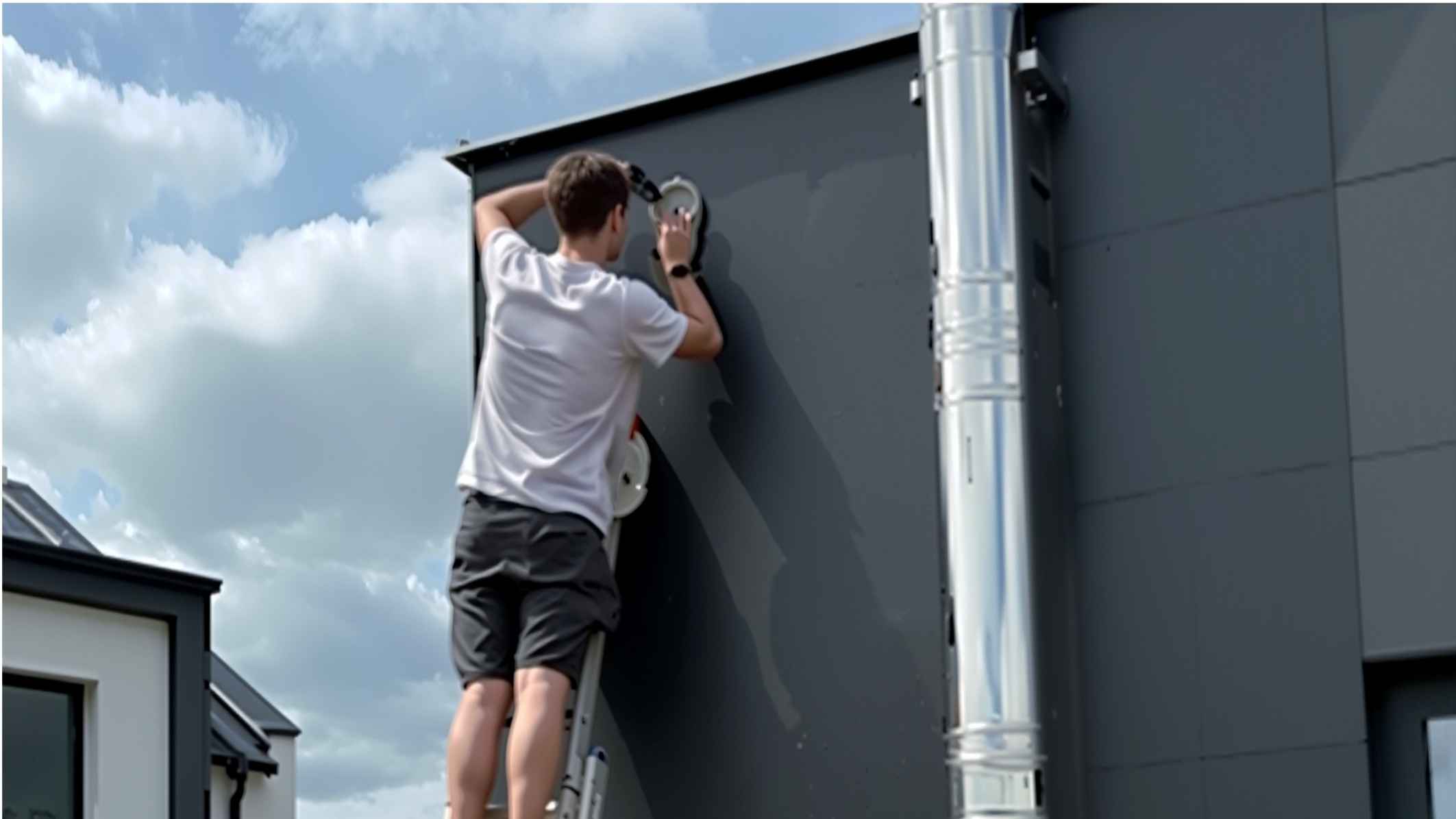 Instalace kamery na fasádě Technik CALM IT montuje bezpečnostní kameru na fasádu budovy