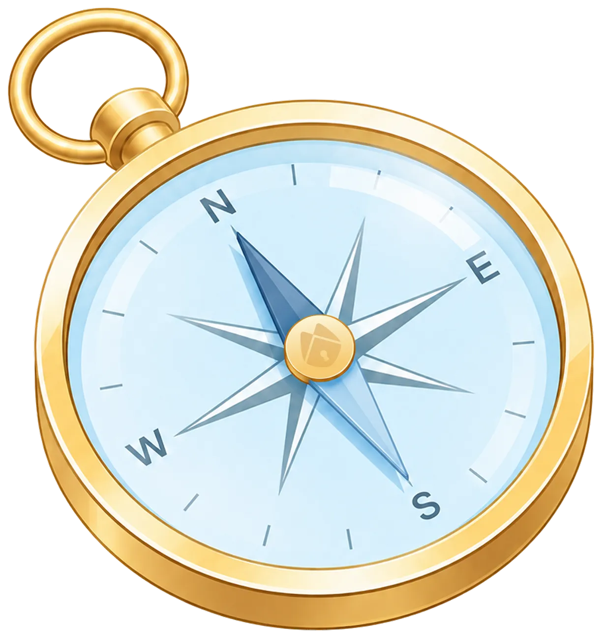 Gold compass with blue needle pointing southeast and cardinal directions marked around the dial.