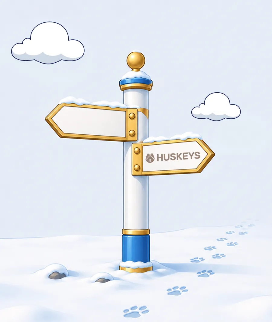 Snow-covered signpost with one arrow labeled Huskeys and paw prints in the snow under a cloudy sky.