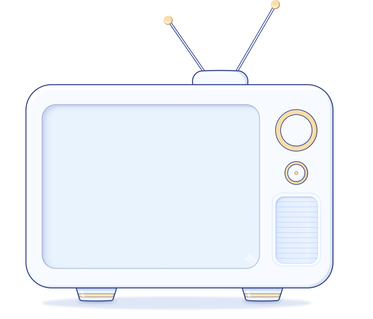 Illustration of a vintage television with antennas, knobs, and speaker on the right side.
