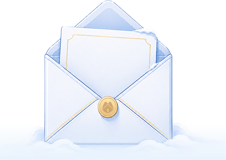 Blue and white envelope with a torn letter inside, resting on a surface with soft white clouds.