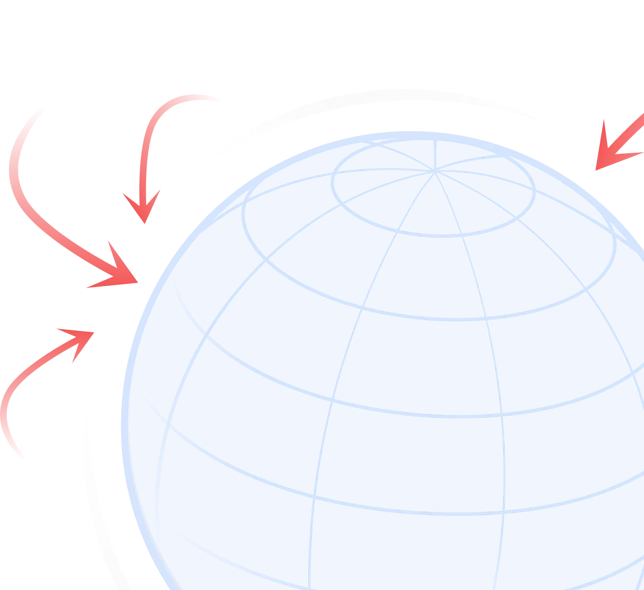 Partial view of a blue globe with latitude and longitude lines and red arrows pointing inward.