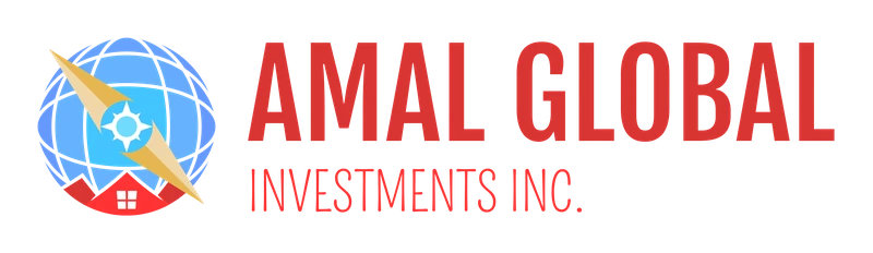 Logo of Amal Global Investments Inc. with a compass and house icon in blue, red, and gold colors.