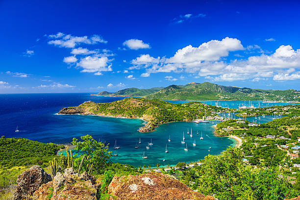 View of Antigua coast with green hills, scattered boats in harbor, and blue sky with clouds.