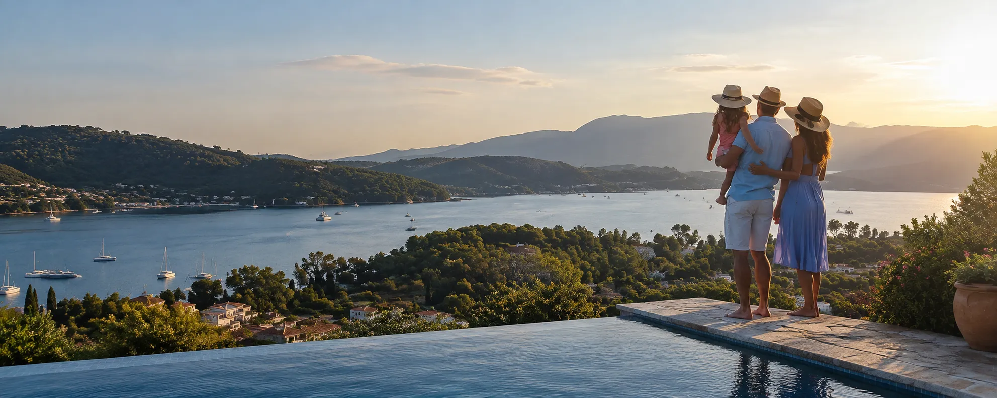 Family looking at the horizon from their new villa