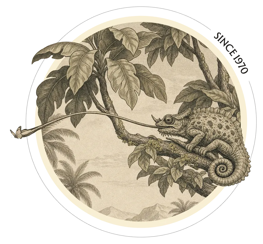 Vintage-style illustration of a chameleon perched on a tree branch, extending its long tongue to catch a butterfly, surrounded by detailed tropical leaves and distant mountains.