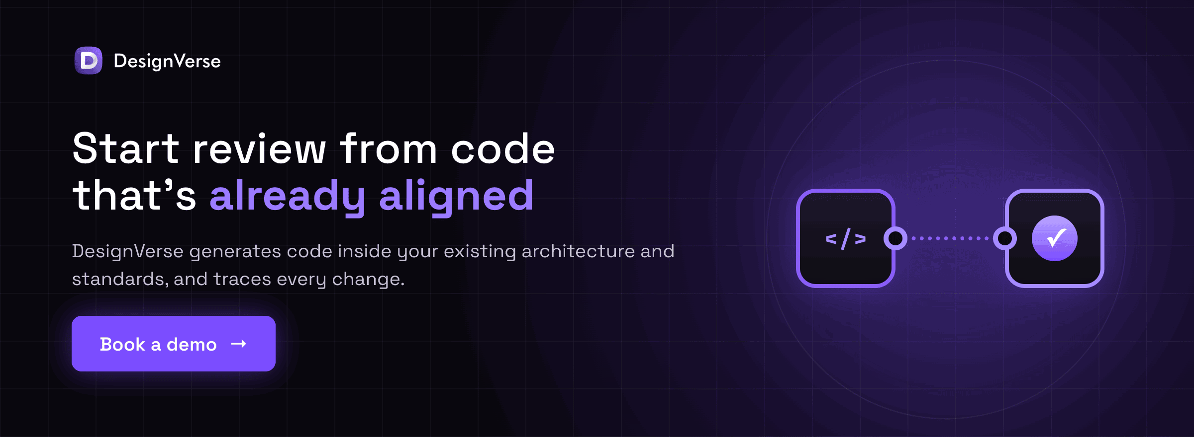 Start review from code that's already aligned. DesignVerse generates code inside your existing architecture and standards, and traces every change.