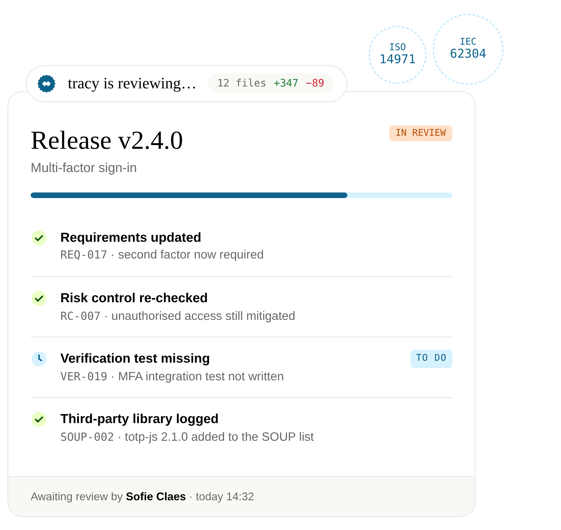 Code review panel showing 'Traceability review PR #248 merged' and three traceability issues with statuses.