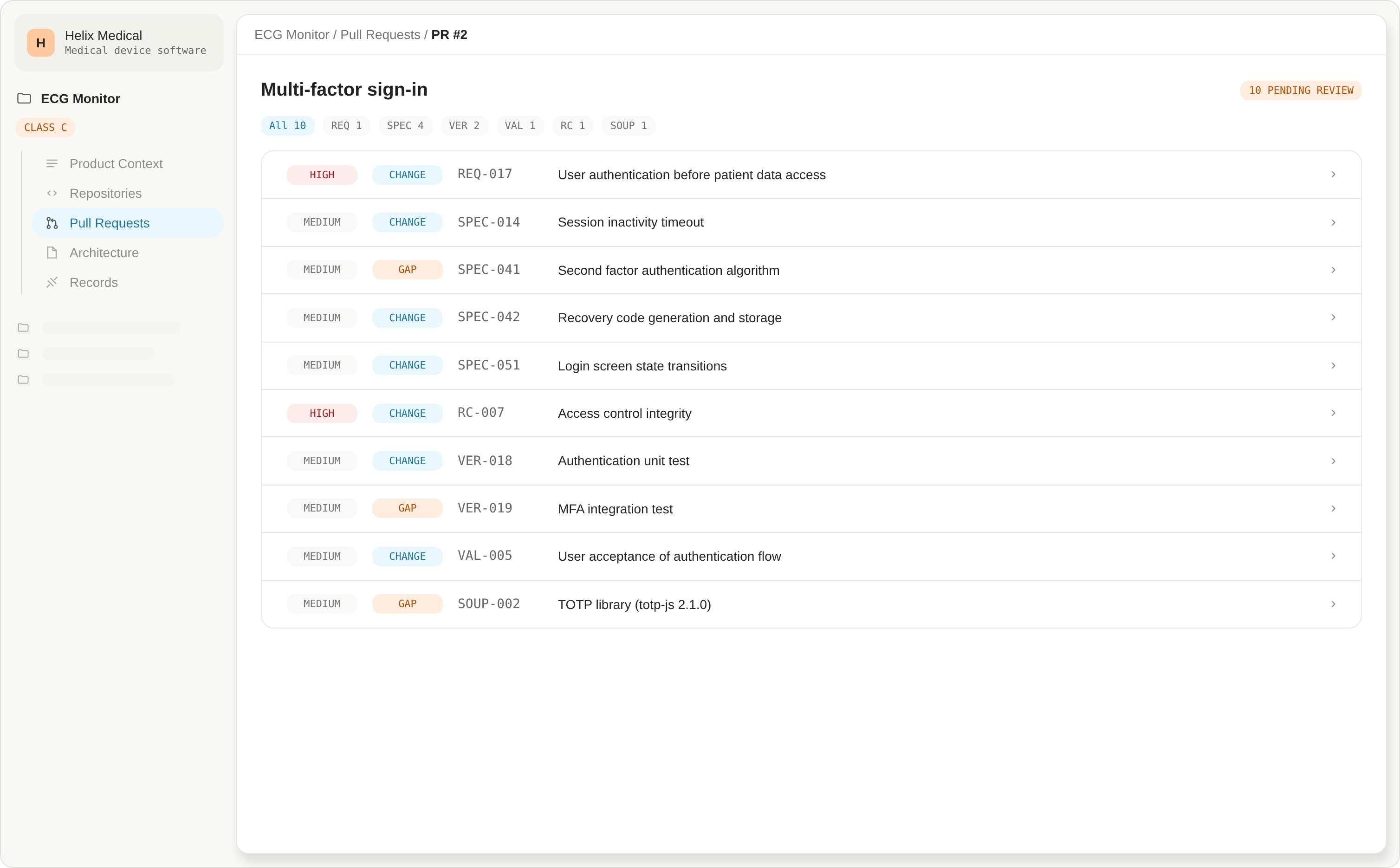 User interface showing multi-factor sign-in pull requests with status and priority for ECG Monitor software.