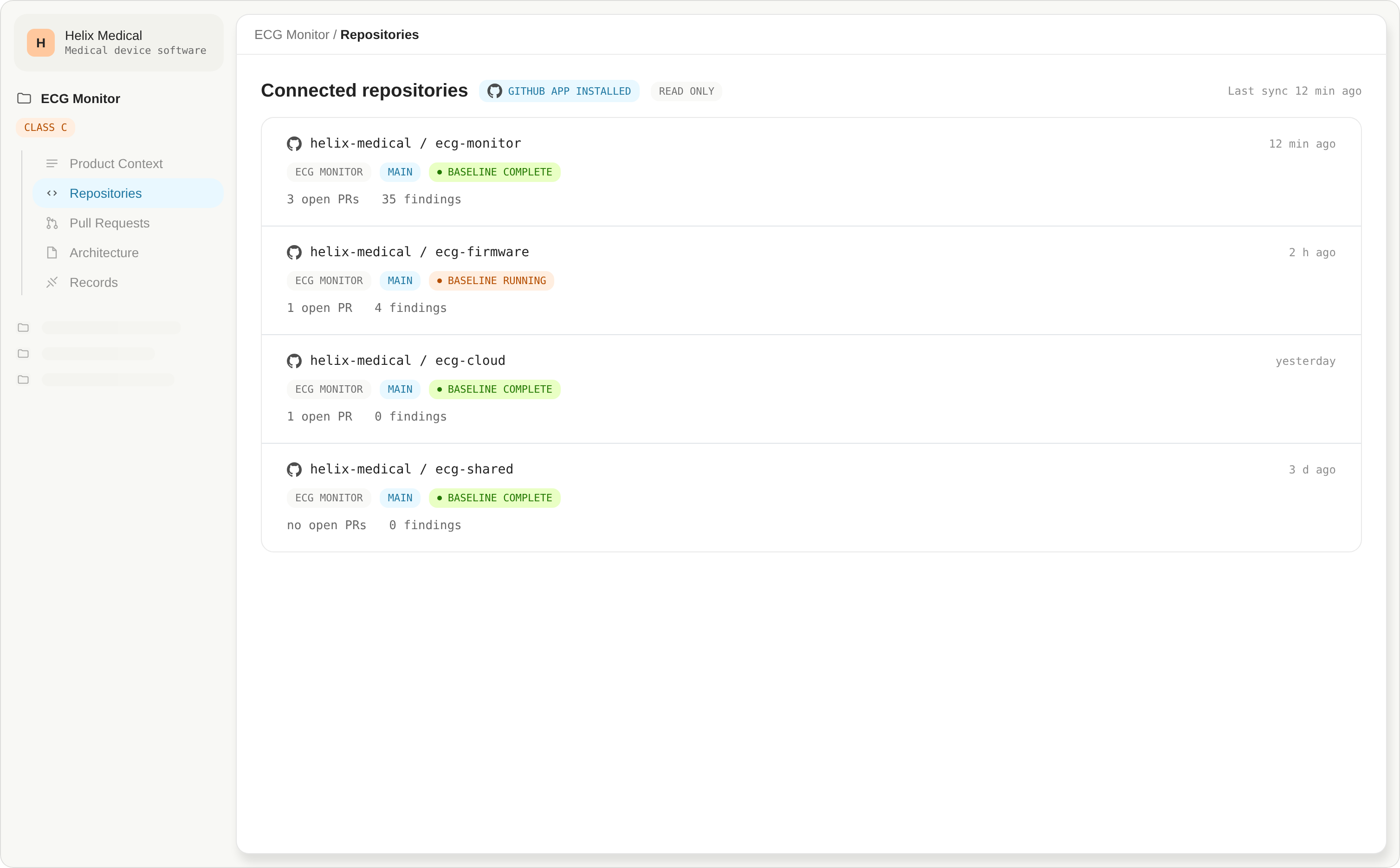 Dashboard showing Helix Medical ECG Monitor repositories with status, open PRs, and findings counts.