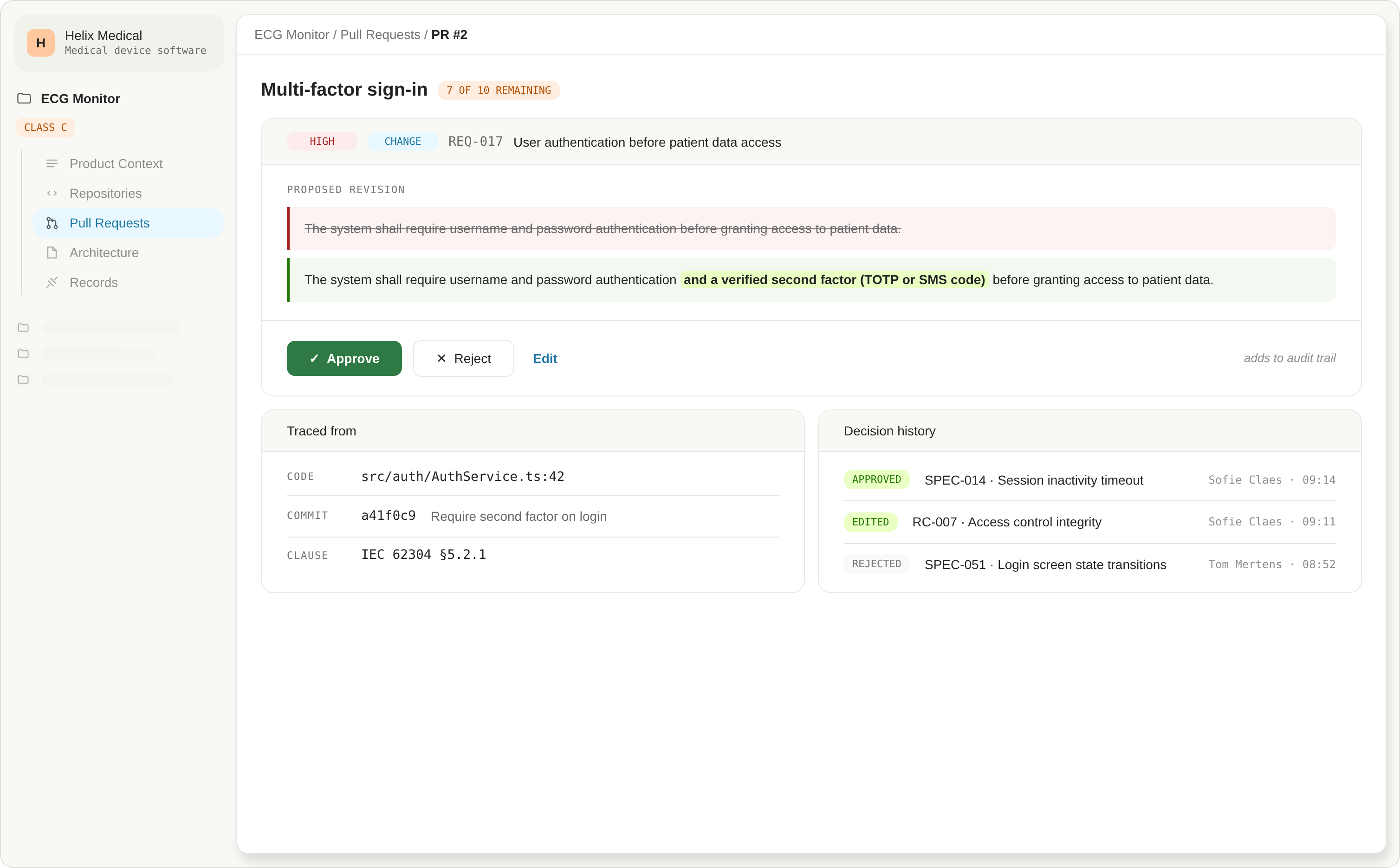 Software interface showing multi-factor sign-in request with approval option and trace details in Helix Medical app.