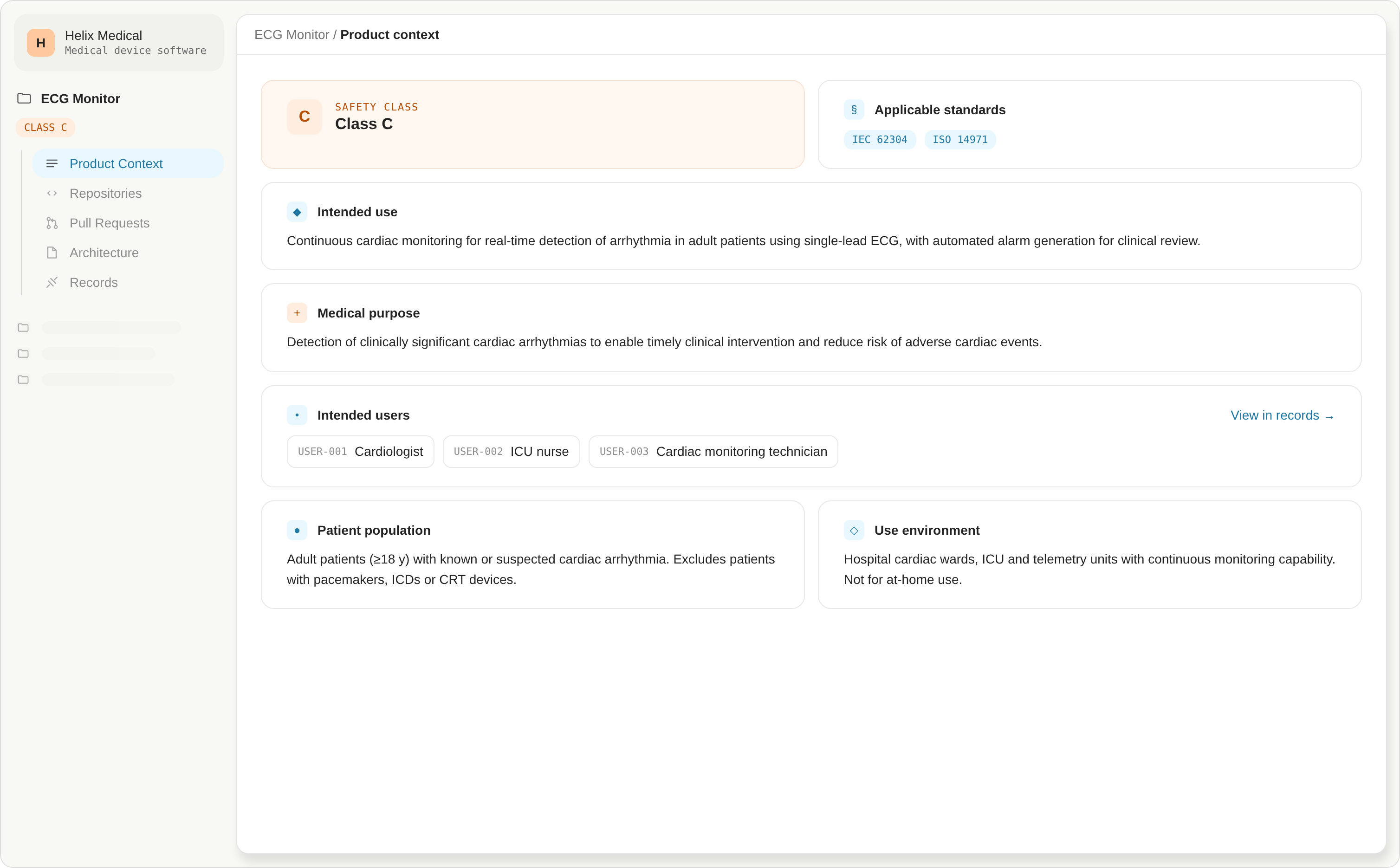 User interface of ECG Monitor product context showing safety class, intended use, medical purpose, users, and patient info.