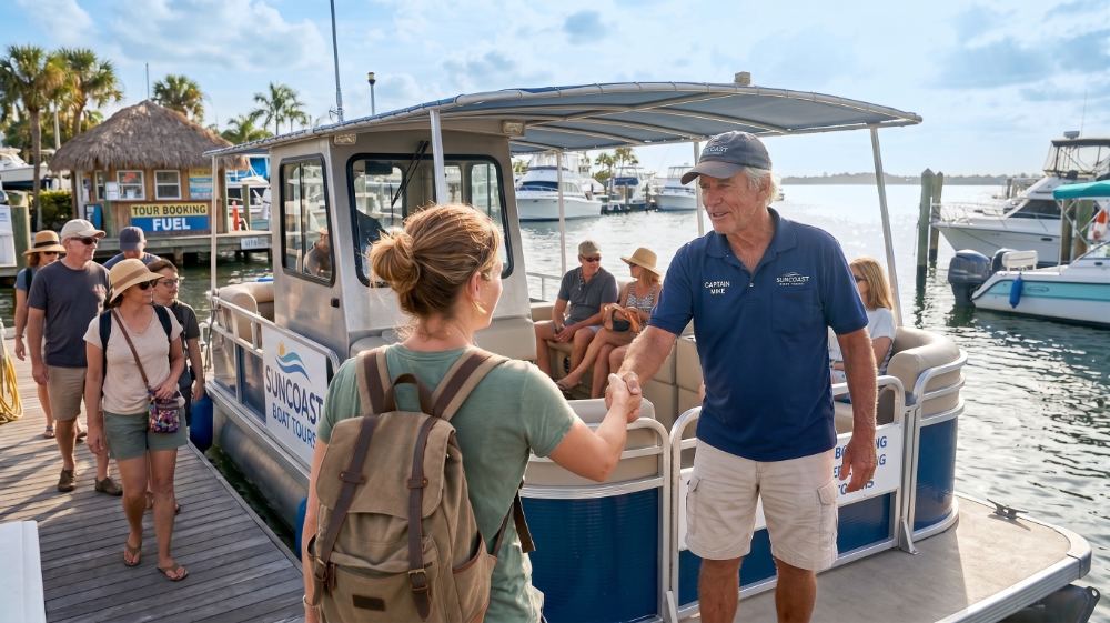 A boat captain welcoming a guest aboard