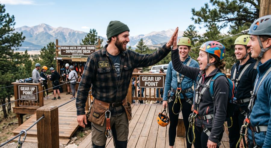 A zipline guide high-fiving a guest on the departure deck