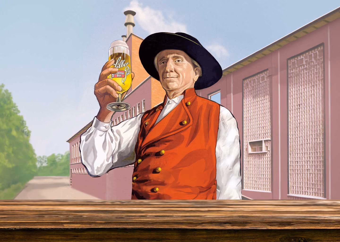 Illustration des Bellheimer Heiner mit einem Glas Bellheimer Silber-Pils vor der Bellheimer Brauerei