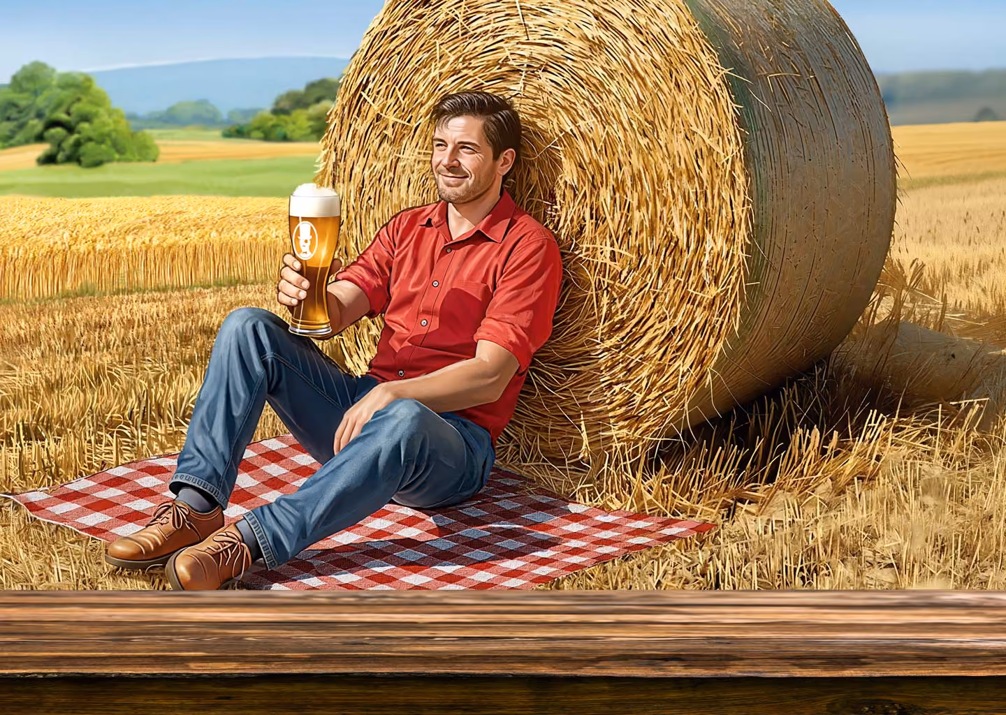 Illustration: Mann lehnt an einem Strohballen mit einem Bellheimer Hefeweizen
