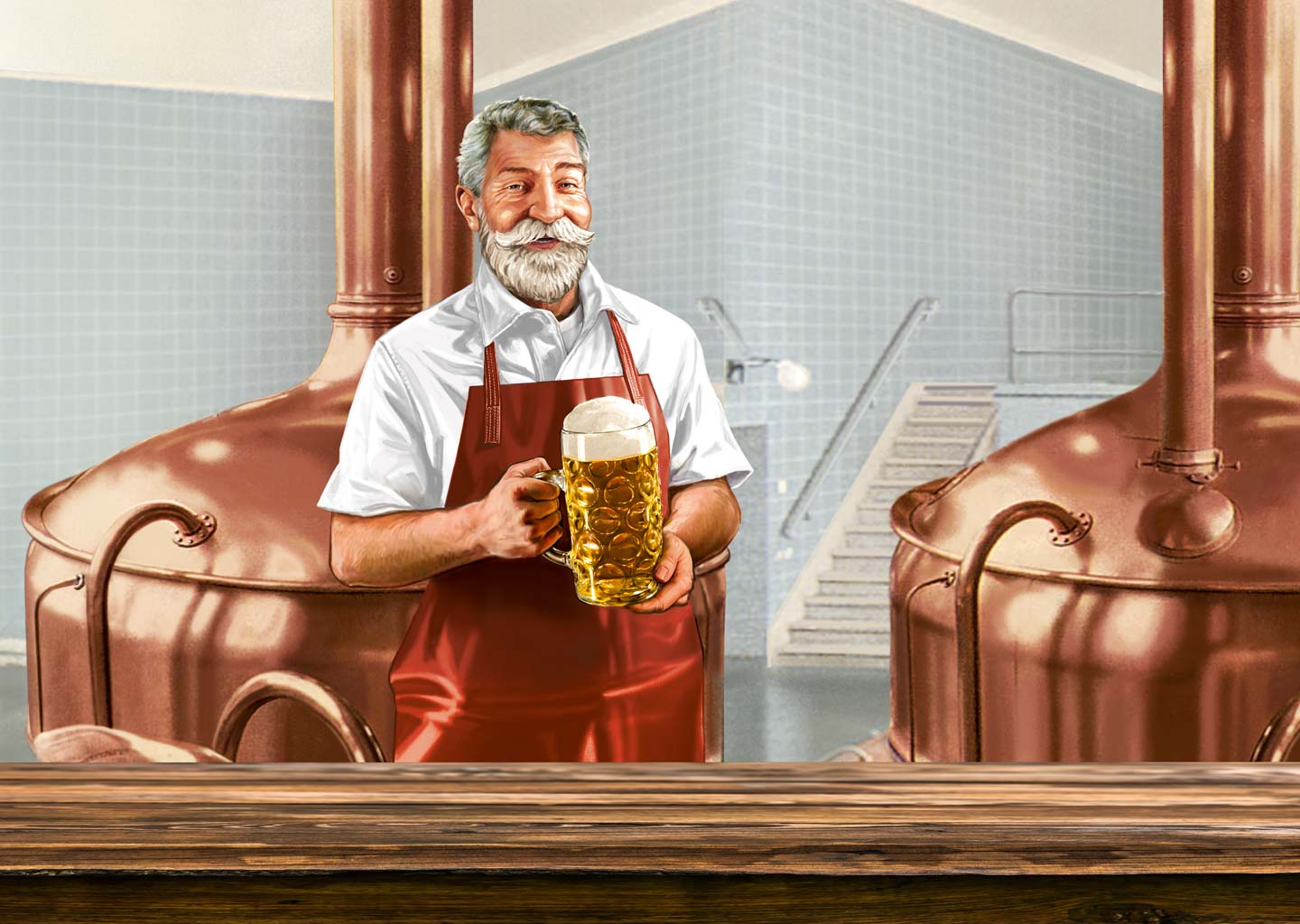 Bierbrauer im Sudhaus vor Kupferkesseln mit Bierglas in der Hand