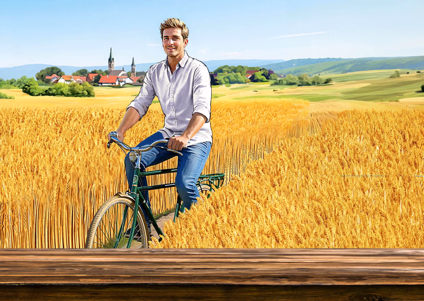 Ein junger Mann in einem hellen Hemd und blauen Jeans fährt ein grünes Fahrrad durch ein goldenes Weizenfeld, im Hintergrund liegt ein Dorf mit Kirchtürmen und sanfte Hügel unter blauem Himmel.