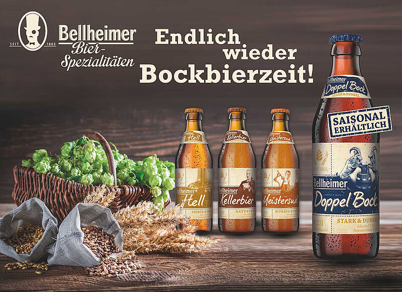 Bellheimer Hell, Kellerbier, Meistersud und Doppel Bock mit Hopfen und Malz auf einem Holztisch, Schriftzug „Endlich wieder Bockbierzeit!“