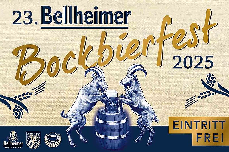 Plakat zum 23. Bellheimer Bockbierfest 2025 mit zwei Ziegenböcken an einem Bierfass