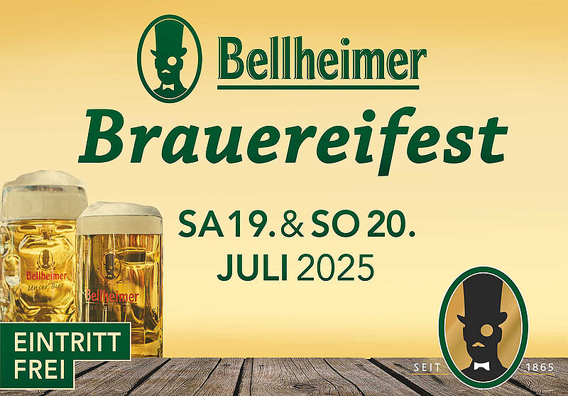 Plakat zum Bellheimer Brauereifest am 19. und 20. Juli 2025 mit zwei gefüllten Bierkrügen