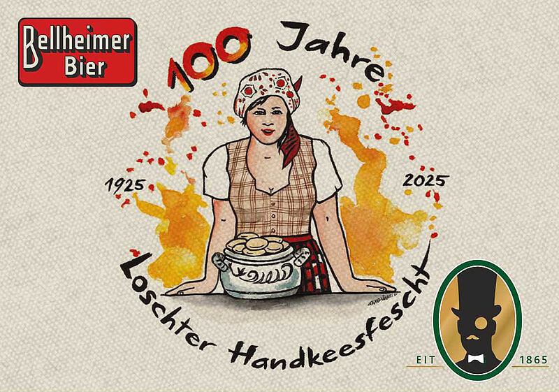 Illustration einer Frau mit Handkäse-Schüssel zum Jubiläum 100 Jahre Loschter Handkeesfescht