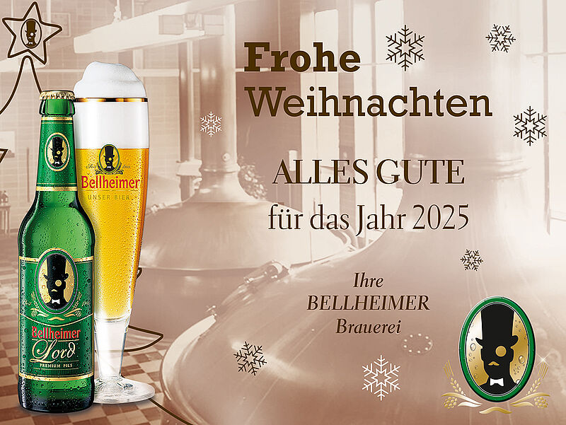 Weihnachtsgruß der Bellheimer Brauerei mit Flasche und Glas Lord Pils vor Sudkesseln