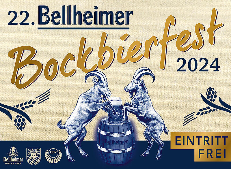 Plakat zum 22. Bellheimer Bockbierfest 2024 mit zwei Ziegenböcken an einem Bierfass
