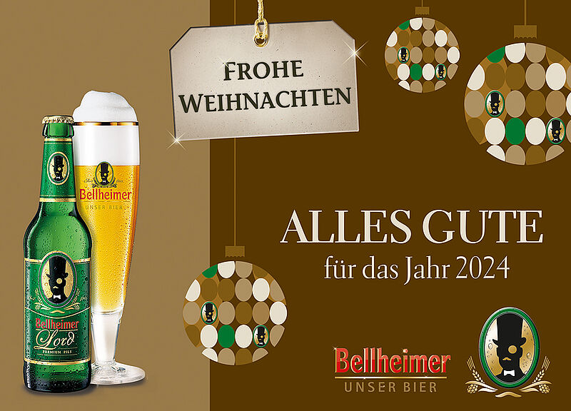 Weihnachtsgruß der Bellheimer Brauerei mit Flasche und Glas Lord Pils und Christbaumkugeln