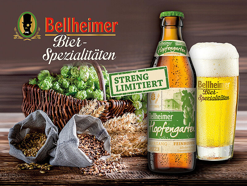 Flasche und Glas Bellheimer Hopfengarten mit Hopfenkorb und Malzsäcken, streng limitiert