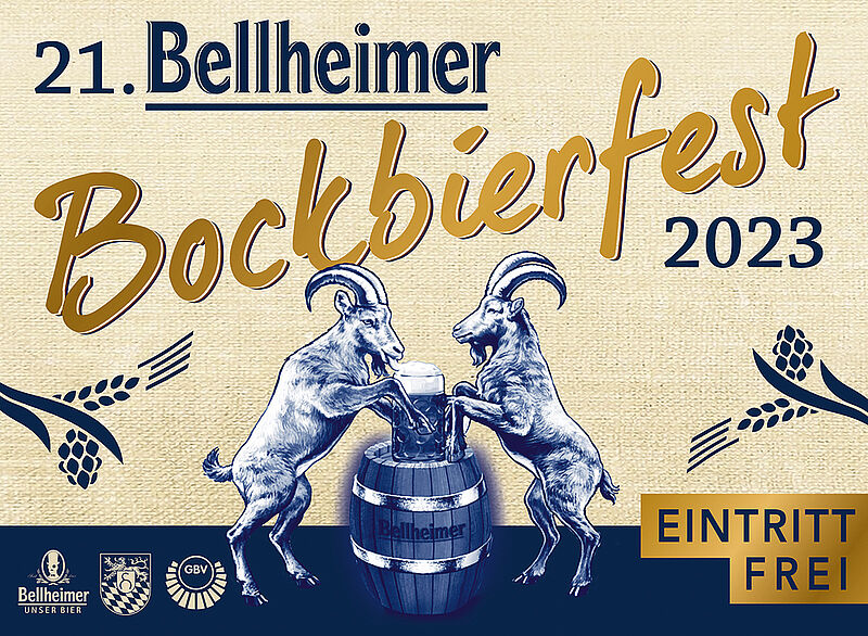 Plakat zum 21. Bellheimer Bockbierfest 2023 mit zwei Ziegenböcken an einem Bierfass