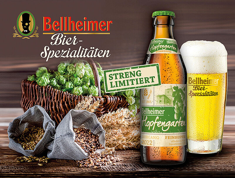 Flasche und Glas Bellheimer Hopfengarten mit Hopfenkorb und Malzsäcken, streng limitiert