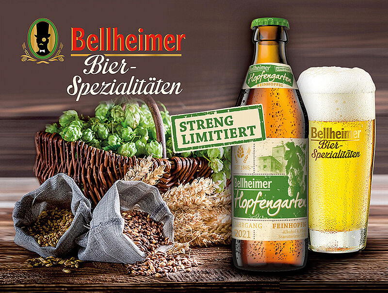 Flasche und Glas Bellheimer Hopfengarten mit Hopfenkorb und Malzsäcken, streng limitiert