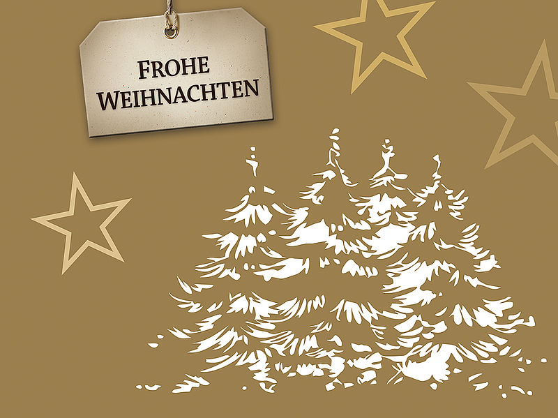 Weihnachtsgruß der Bellheimer Brauerei mit Sternen und verschneiten Tannen