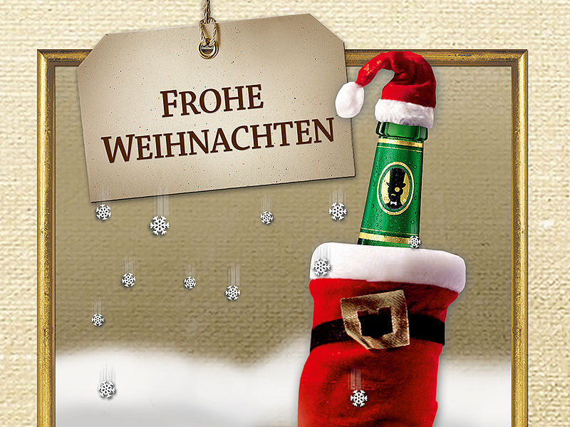 Weihnachtsgruß mit einer Flasche Bellheimer Lord Pils mit Nikolausmütze im Nikolausstiefel