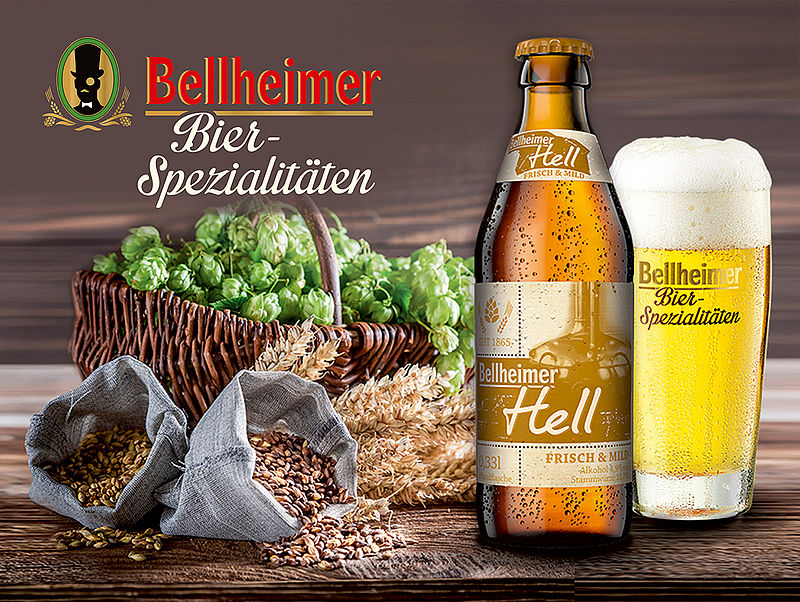 Flasche und Glas Bellheimer Hell mit Hopfenkorb und Malzsäcken