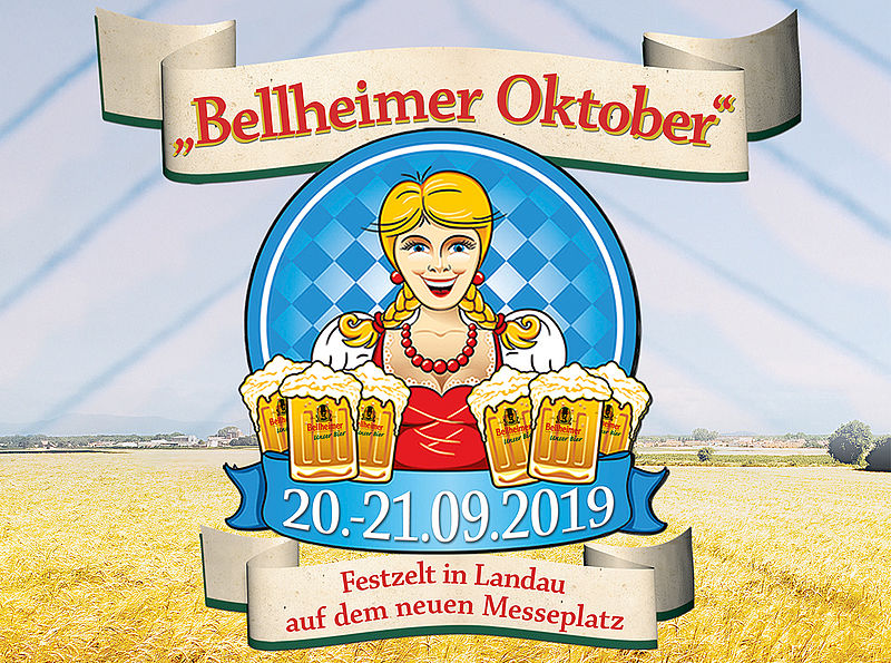 Illustration einer Kellnerin im Dirndl mit Bierkrügen, Plakat zum Bellheimer Oktober am 20. und 21.09.2019 in Landau