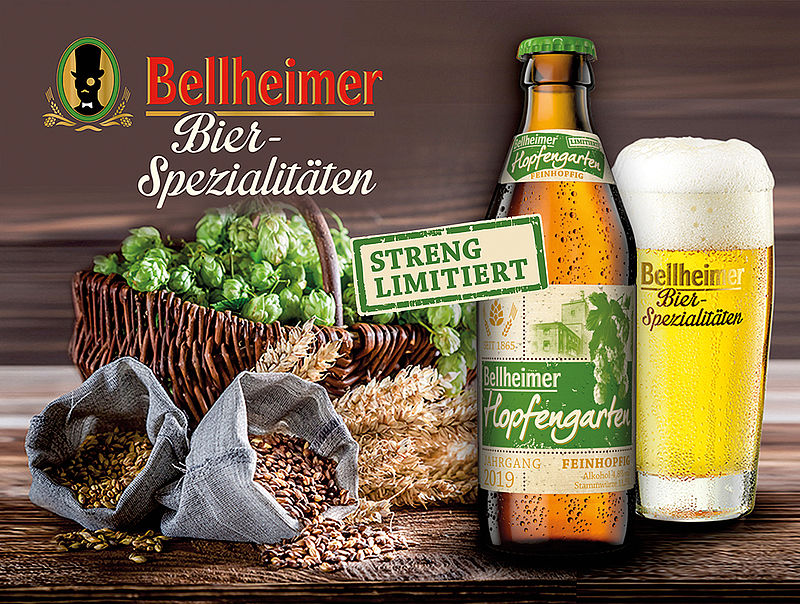 Flasche und Glas Bellheimer Hopfengarten mit Hopfenkorb und Malzsäcken, streng limitiert