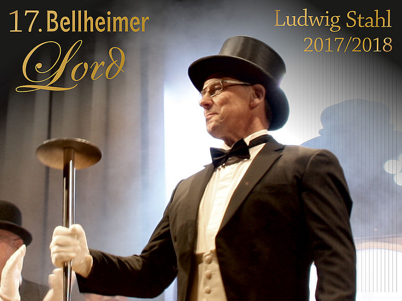 Ludwig Stahl, der 17. Bellheimer Lord 2017/2018, mit Zylinder und Zepter