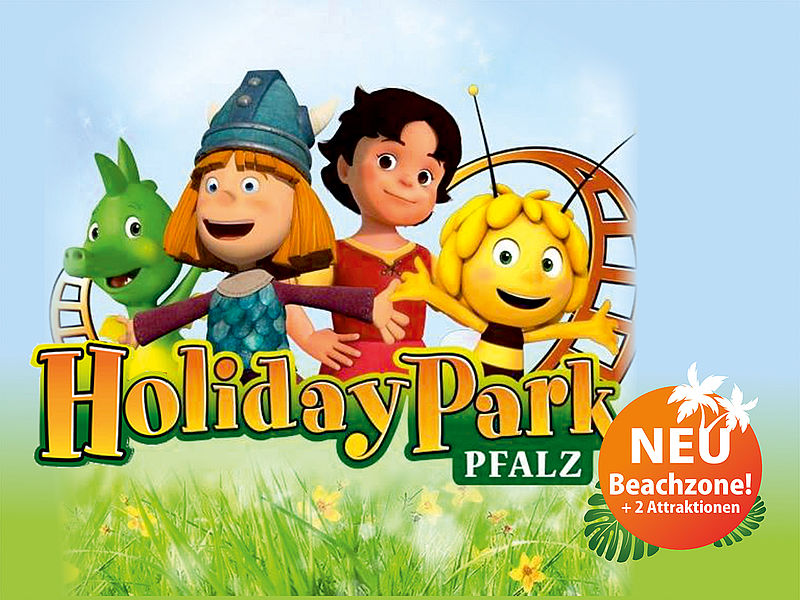 Logo des Holiday Park Pfalz mit Zeichentrickfiguren und Hinweis auf die neue Beachzone