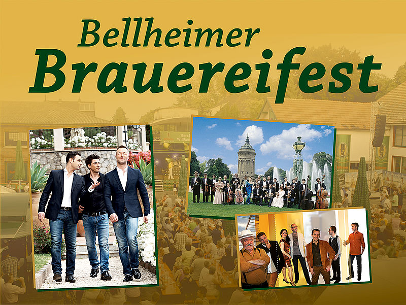 Collage mit Musikern und Bühnenmomenten, Ankündigung zum Bellheimer Brauereifest