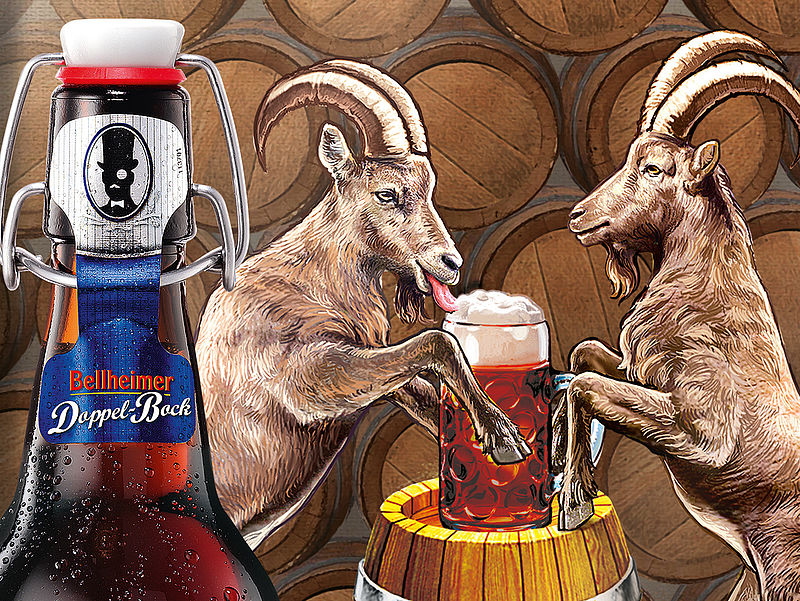 Illustration zweier Ziegenböcke an einem Bierfass neben einer Bügelflasche Bellheimer Doppel Bock