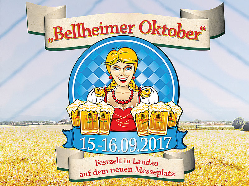 Illustration einer Kellnerin im Dirndl mit Bierkrügen, Plakat zum Bellheimer Oktober am 15. und 16.09.2017 in Landau