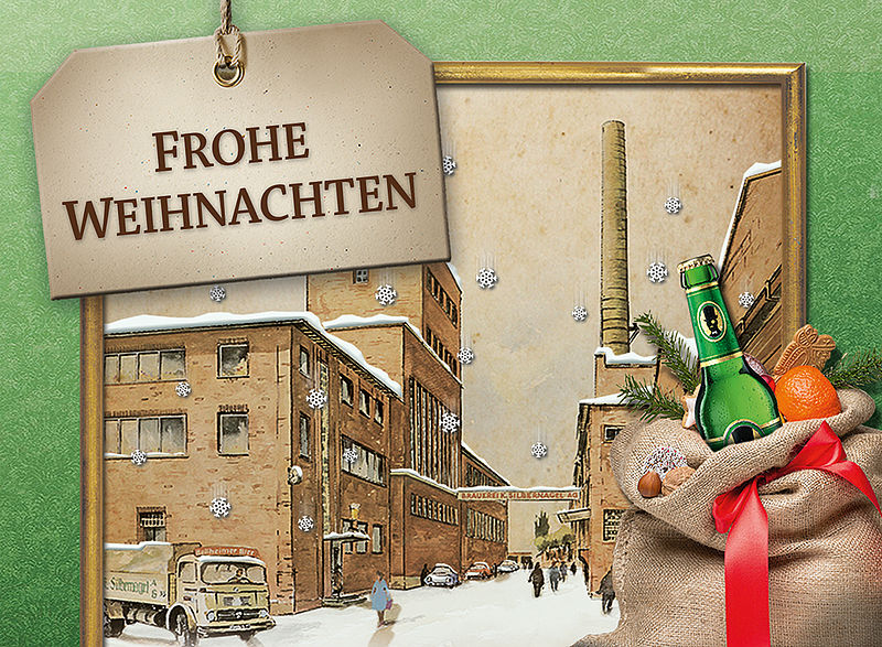Weihnachtsgruß mit historischer Illustration der verschneiten Bellheimer Brauerei und Geschenksack mit Lord Pils